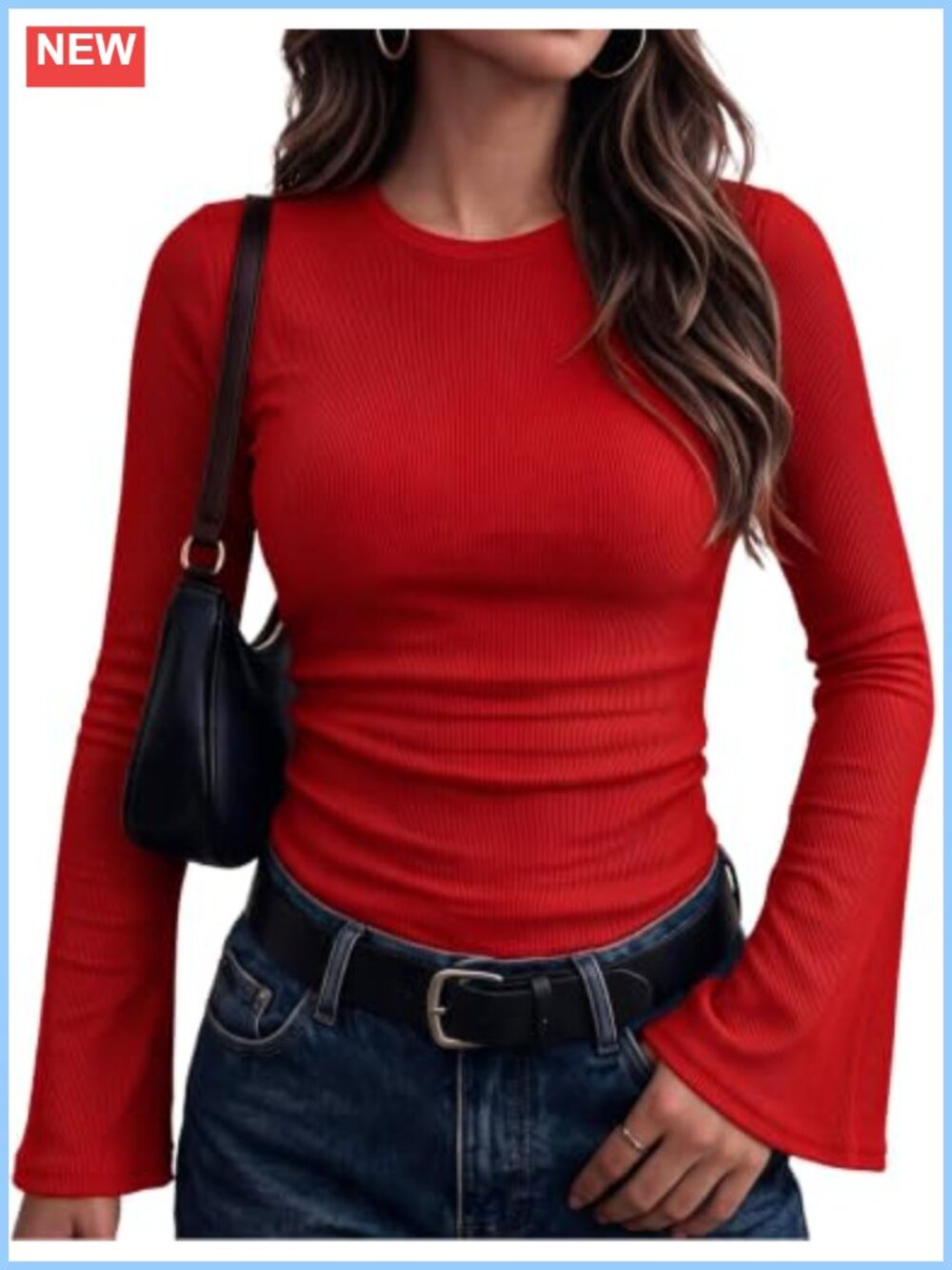 Ribbed Knit Bell Long Sleeve Crewneck Slim Fit Top